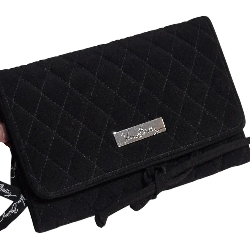 Vera Bradley Jewelry Organizer Black Quilted Microfiber Travel Case Tri Fold